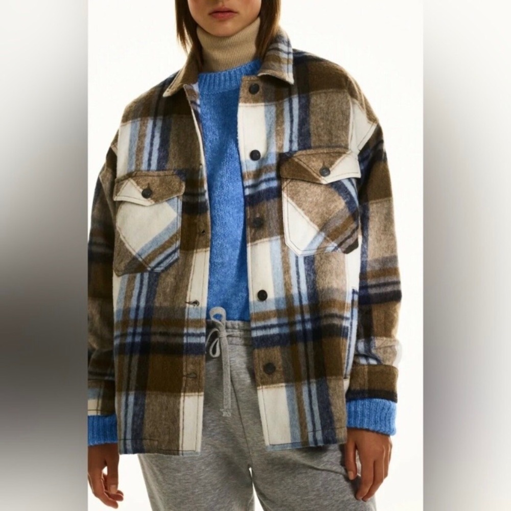 Zara Oversized Relaxed Plaid Checkered Print Wool Blend Shacket Shirt Jacket XS